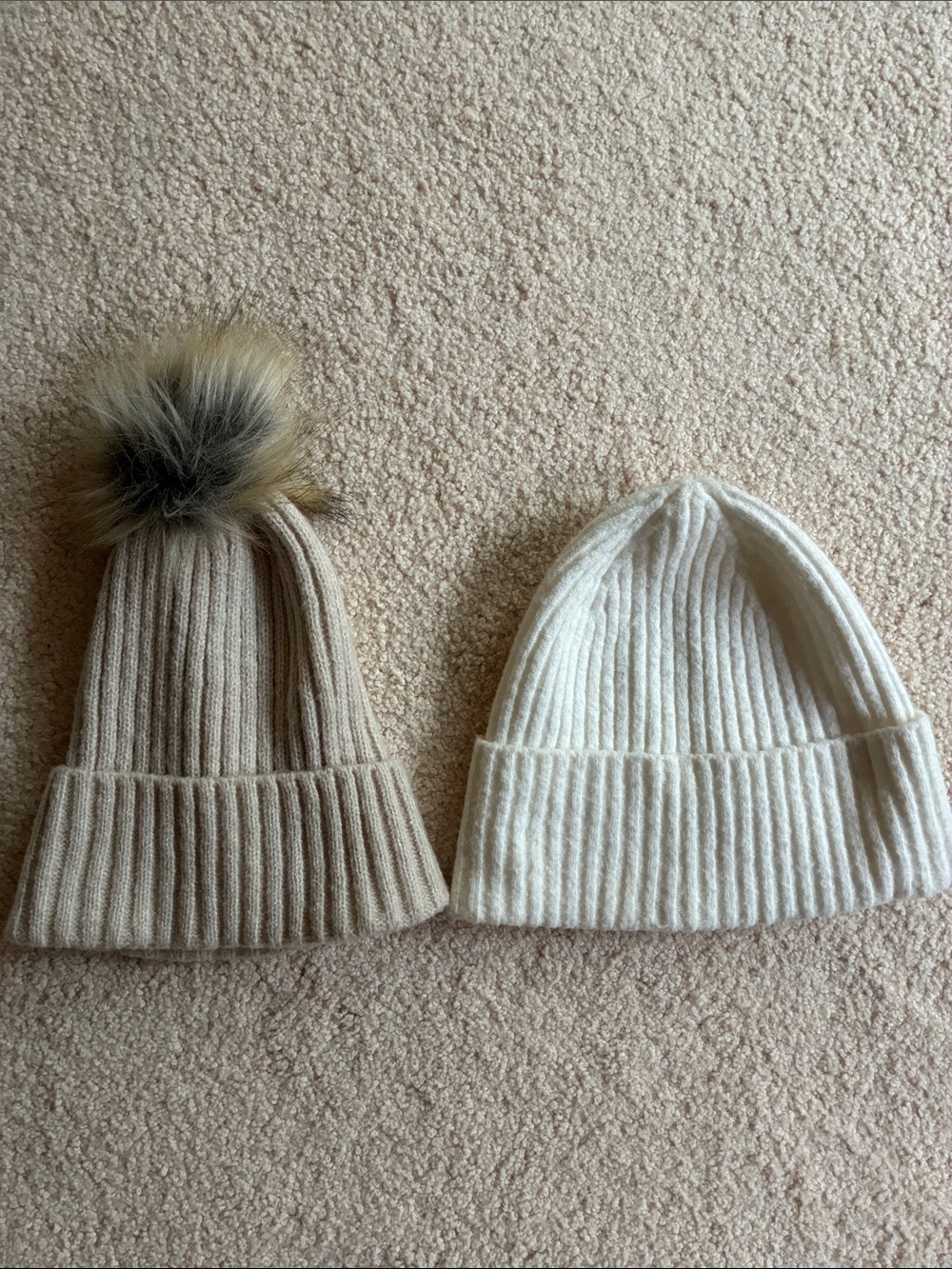 Ribbed Knit Beanie Hats - Cream & Tan